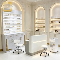 White Gold Trim Nail Polish Display Cabinet Multi Open Shelves Drawers Storage Beauty Salon Rack