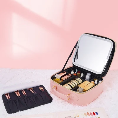 Makeup Train Case with Mirror and Lights 3 Color Adjustable Brightness Rechargeable Waterproof Cosmetic Case Large Makeup Bag