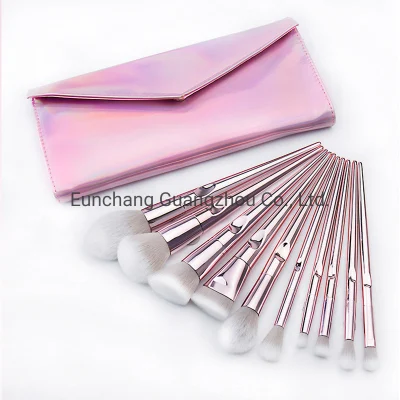 Private Label 10PCS Synthetic Hair Brush Set Metalized Pink Handle Pink Pouch