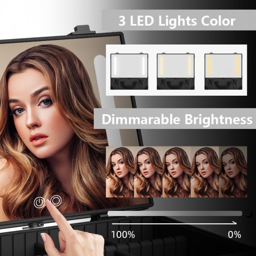 Portable Travel Waterproof Black PU Leather Toiletry Case Built-in Rechargeable Touch-sensitive LED Makeup Mirror