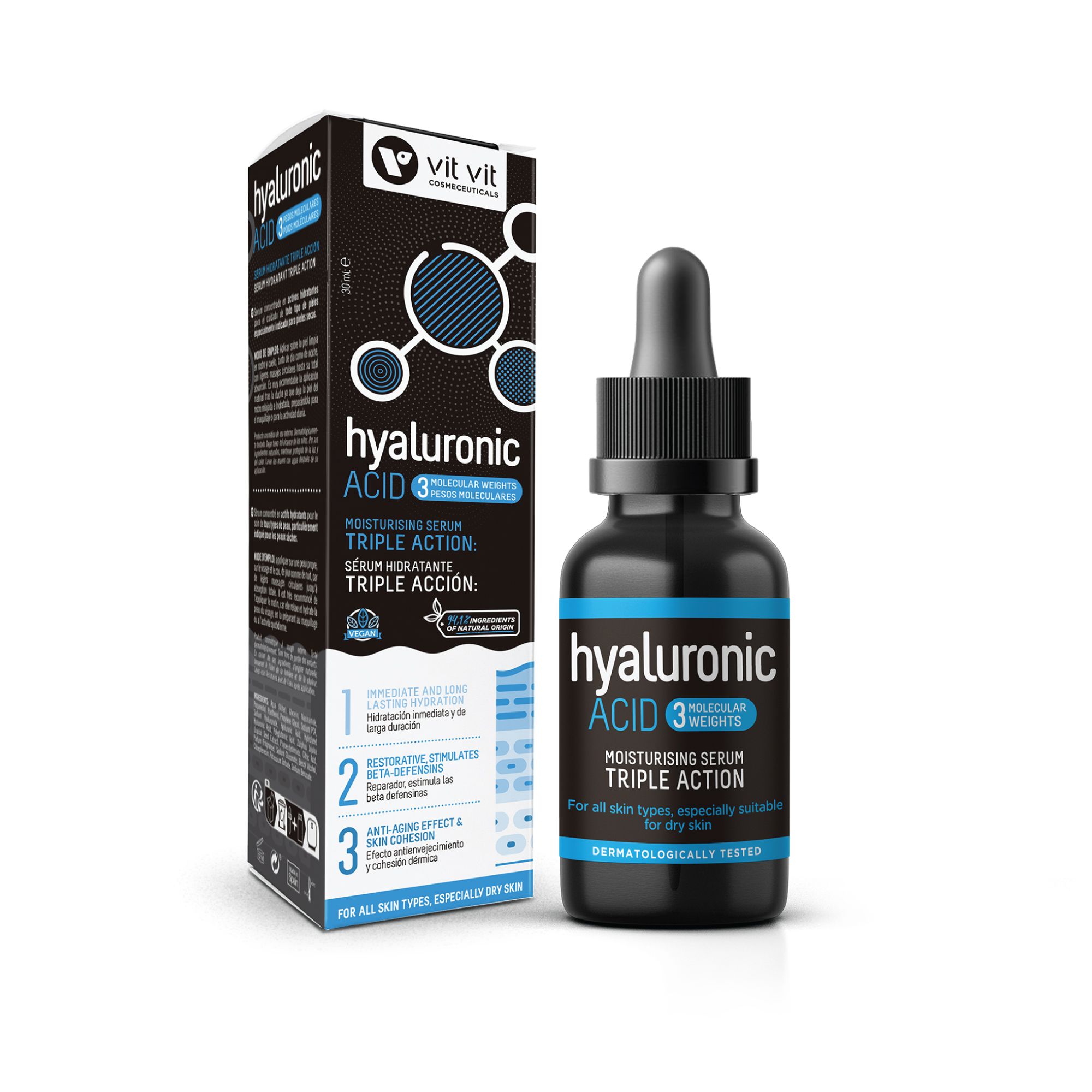 Hyaluronic Acid Serum 30ML. 3 Molecular Weights, Inmediate and long lasting Hydratation, Restorative, stimulates Beta Defensins, Anti-aging effect and skin cohesion.For Dry Skin Wholesales and Private Label Available