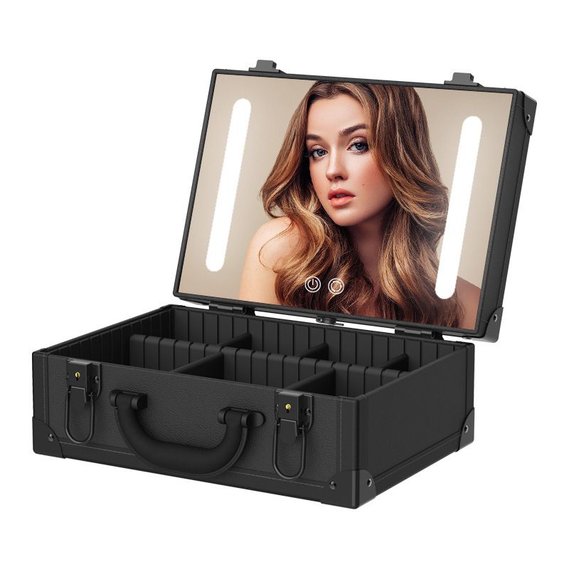 Portable Travel Waterproof Black PU Leather Toiletry Case Built-in Rechargeable Touch-sensitive LED Makeup Mirror