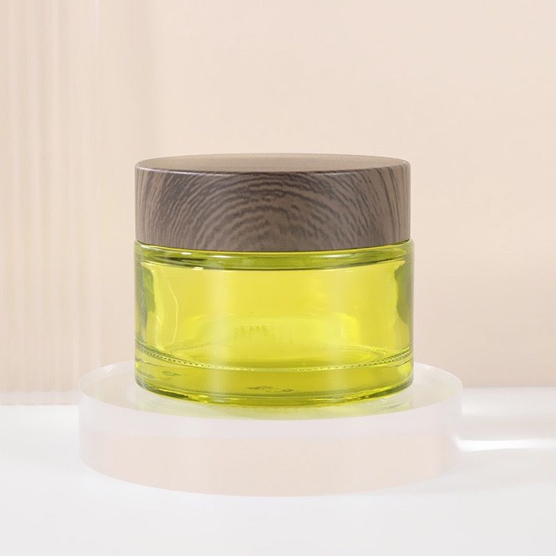 Wood Print Cap Green Glass Cream Jar. Containers For Skincare Products. Cosmetic packaging