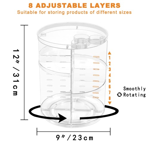 Rotating Makeup Organizer, DIY 8 Adjustable Layers Spinning Skincare Storage, Cosmetic Display Case with Brush Holder and Perfume Tray, Multi-Function Vanity Bathroom Countertop Organizer Clear