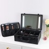 Portable Travel Waterproof Black PU Leather Toiletry Case Built-in Rechargeable Touch-sensitive LED Makeup Mirror