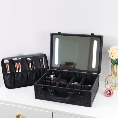 Portable Travel Waterproof Black PU Leather Toiletry Case Built-in Rechargeable Touch-sensitive LED Makeup Mirror