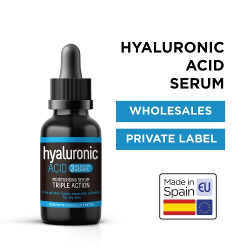 Hyaluronic Acid Serum 30ML. 3 Molecular Weights, Inmediate and long lasting Hydratation, Restorative, stimulates Beta Defensins, Anti-aging effect and skin cohesion.For Dry Skin Wholesales and Private Label Available