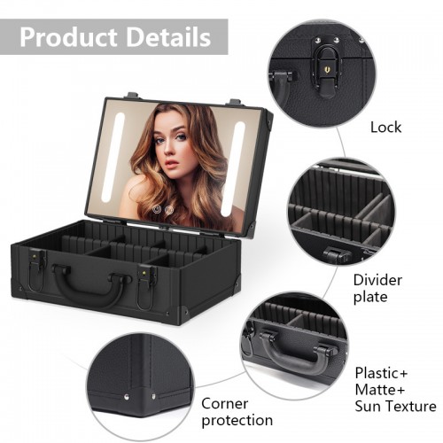 Portable Travel Waterproof Black PU Leather Toiletry Case Built-in Rechargeable Touch-sensitive LED Makeup Mirror