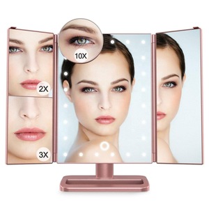 22 LED Lighted Vanity Makeup Tri-Fold with 1X 2X 3X Magnifiers 180 Degree Free Rotation Countertop Bathroom Cosmetic Mirror