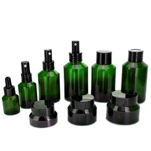high end  frosted matte black cosmetic glass bottle and jar pump bottle for lotion serum cream full set
