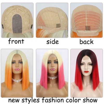 Ombre Short Bob Cut Synthetic Straight Middle Part Lace Wig