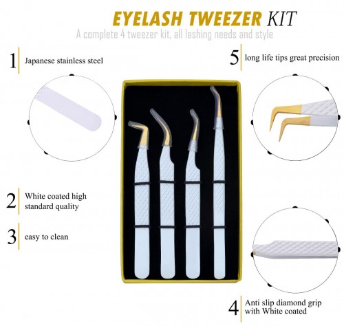 Set of 4 Diamond Grip Eyelash Extensions Tweezers Japanese Stainless Steel Lash Tweezer (White) BY FARHAN PRODUCTS & Co