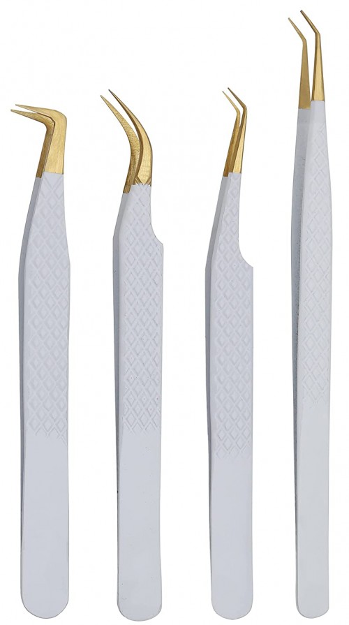 Set of 4 Diamond Grip Eyelash Extensions Tweezers Japanese Stainless Steel Lash Tweezer (White) BY FARHAN PRODUCTS & Co