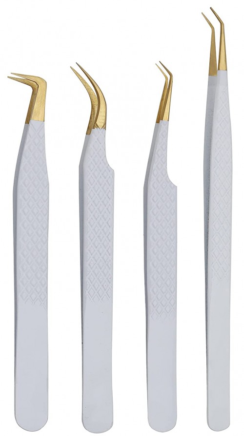 Set of 4 Diamond Grip Eyelash Extensions Tweezers Japanese Stainless Steel Lash Tweezer (White) BY FARHAN PRODUCTS & Co