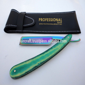 black titanium multi color blade with green wood handle barber shaving razor