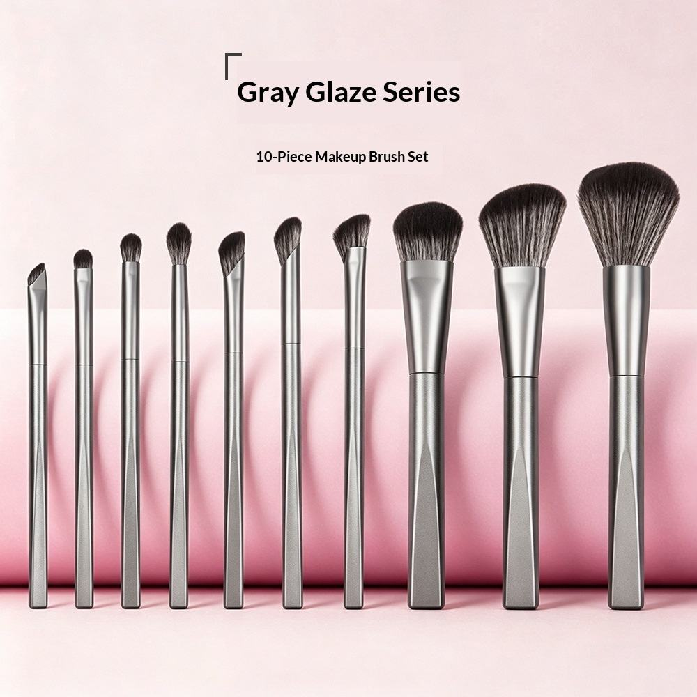 Custom Logo OEM 10Pcs Metallic Grey Makeup Brush Set Geometric Polygon Handle Ultra Soft Synthetic Bristles Beauty Tools Manufactu