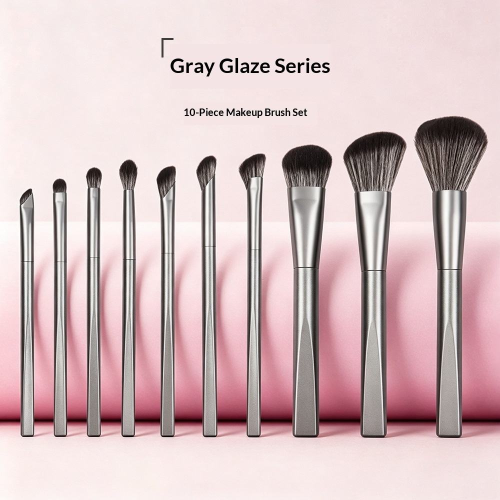 Custom Logo OEM 10Pcs Metallic Grey Makeup Brush Set Geometric Polygon Handle Ultra Soft Synthetic Bristles Beauty Tools Manufactu