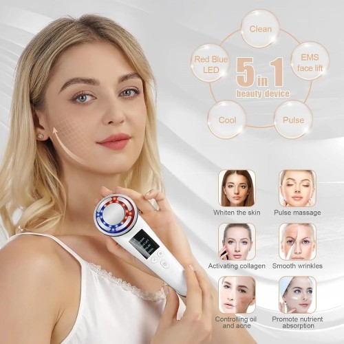 8in1 Face Massager Skin Care Beauty Device Multi Anti-Wrinkle High-Frequency EMS Facial Lifting Toning with Red & Blue Light Therapy