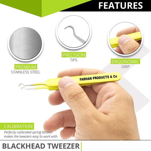 Professional Blackhead Tweezer Curved Steel Tip Surgical Comedone & Splinter Extractor By Rapid Vitality (Yellow)