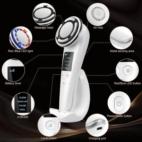 8in1 Face Massager Skin Care Beauty Device Multi Anti-Wrinkle High-Frequency EMS Facial Lifting Toning with Red & Blue Light Therapy