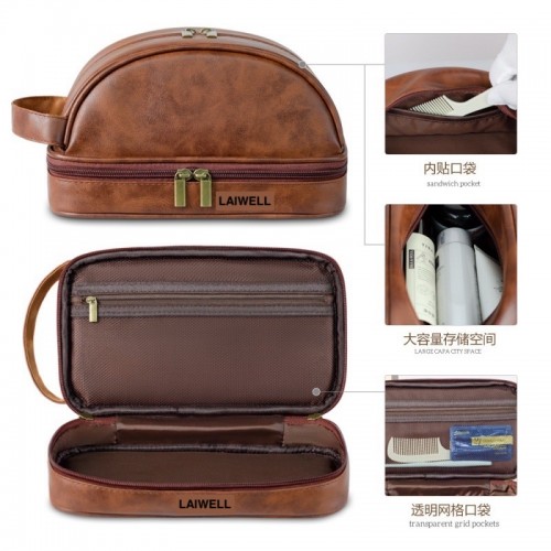 Large Capacity Travel Waterproof Portable Stylish High-end Makeup Case Brown PU Leather  Cosmetic Tote Bag