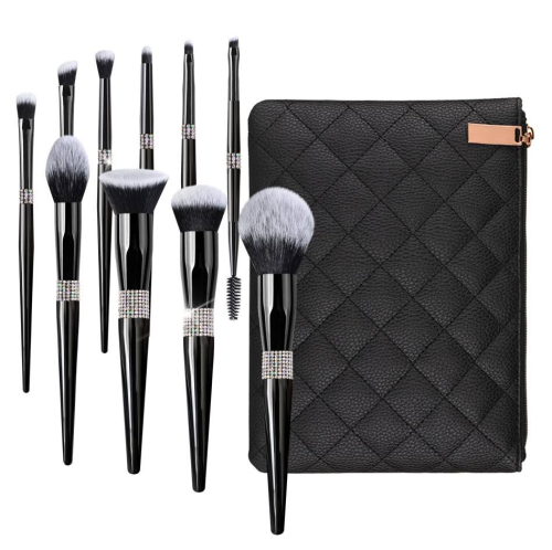 Custom Logo Rhinestone Makeup Brush Set Luxury 10 Pcs Crystal Bling Diamond Cosmetic Brushes Kit with PU Leather Bag Wholesale