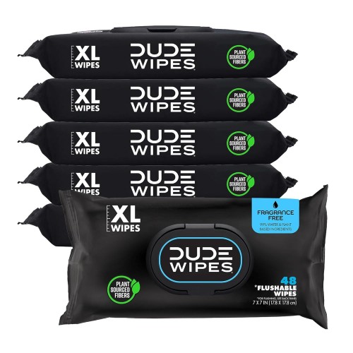 DUDE Wipes - Flushable Wipes - 6 Pack, 288 Wipes - Unscented Extra-Large Adult Wet Wipes