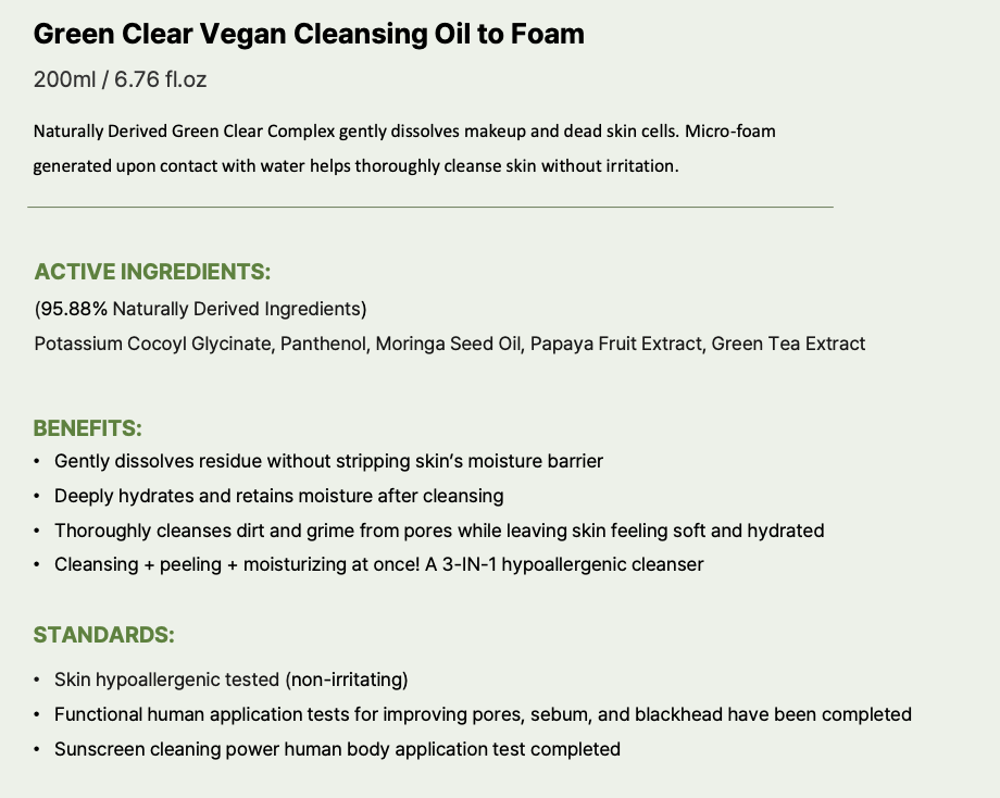 [Her bloom] Green Clear Vegan Cleansing Oil to Foam, skin care