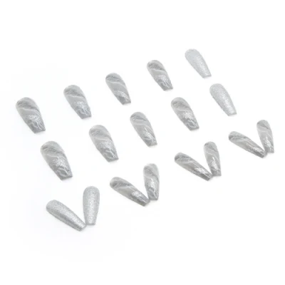 Long Coffin Shape Fake Nail Tips Sliver Glitter Powder Light Artificial Fingernails