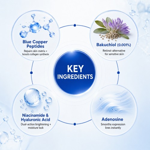 High Quality Blue Copper Peptides Bakuchiol Plump Glow Face Firming Serum 30mL Collagen Adenosine Niacinamide Hyaluronic Acid