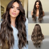 HAIRCUBE Brown Wigs for Women Long Wavy Wig Middle Part Synthetic wig Natural Looking Highlight Wig Heat Resistant Fiber 24 Inch