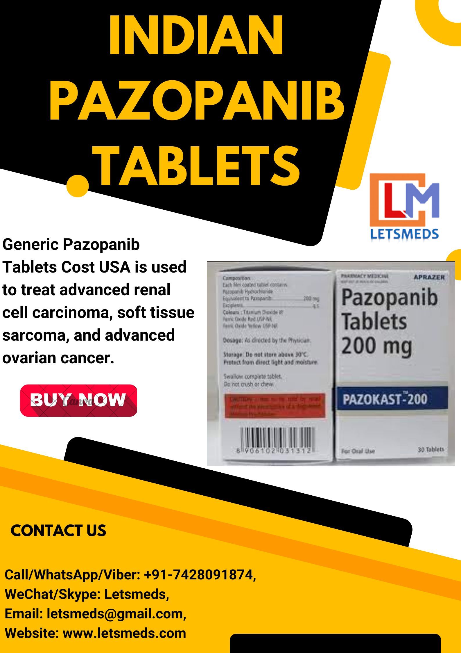Indian Pazopanib 200mg Tablets Lowest Cost USA, Philippines