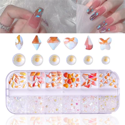 12 Grid Flat Bottom Shaped Diamond Crystal Glass Drill Nail Art Set