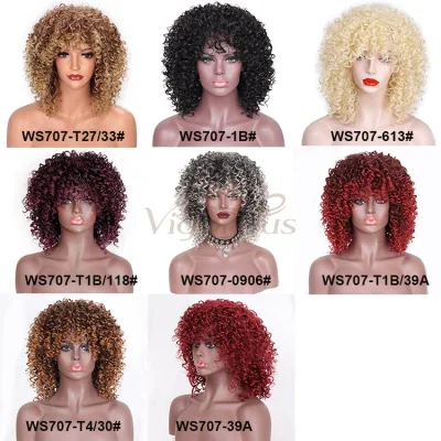 Black Color Short Afro Kinky Curly Wigs with Bangs Synthetic