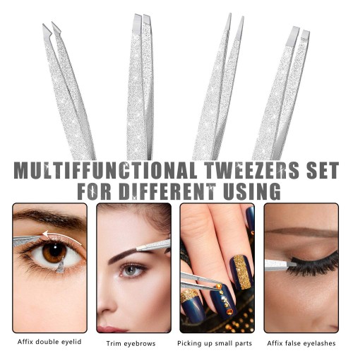 3PCS Professional Stainless Steel Slant Tip and Point Eyebrows Ingrown Hair Facial Hair Blackhead and Lash Extension (Sliver)