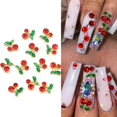 10PCS/Lot Cherry Nail Decorations Red Crystals Resin 3D Alloy Nail Art Rhinestones Accessories
