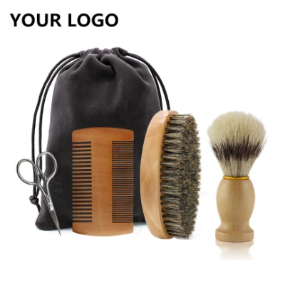 Barber Beard Kit Private Label Logo Mens Boar Bristle Beard Brush Set Kit Hair Wooden Beard Comb