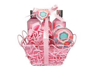 OEM/ ODM classical bathroom gift set with shower gel body lotion bath bombs in a wire basket