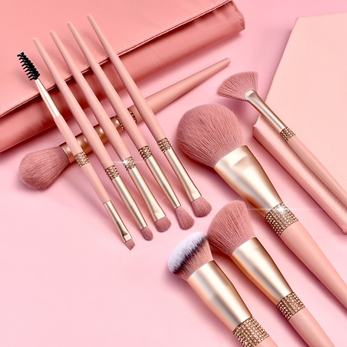 Wholesale Custom Logo 11pcs Glitter Cosmetic Cleaner Brush Holder Diamond Package Box For Luxury Bling Pink Makeup Brush Set