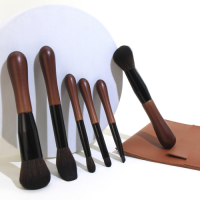Custom Logo 6Pcs Travel Makeup Brush Set with PU Leather Pouch Mini Wooden Handle Cosmetic Brushes Wholesale OEM/ODM