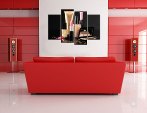 4 Piece  Fashion Wall Decor Cosmetic and Make Up Theme Pattern with Perfume Lipstick Nail Polish Brush Print