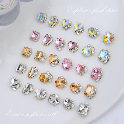 Internet Celebrity Hot Kind Nail Art Crystal Pile Diamond Finished Product Super Shiny Skew Heart Handmade Inlaid Pearl Nail Decorations