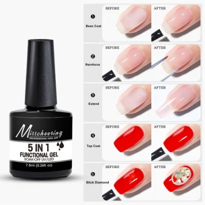 Professional 5 in 1 Functional Nail Art Gel Base Coat Top Coat Building Gel Nail Extension Diamonds Glue