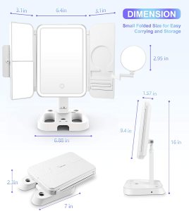 Tri-fold led light mirror with 2X 3X 10X magnification LED Makeup Mirror with touch screen