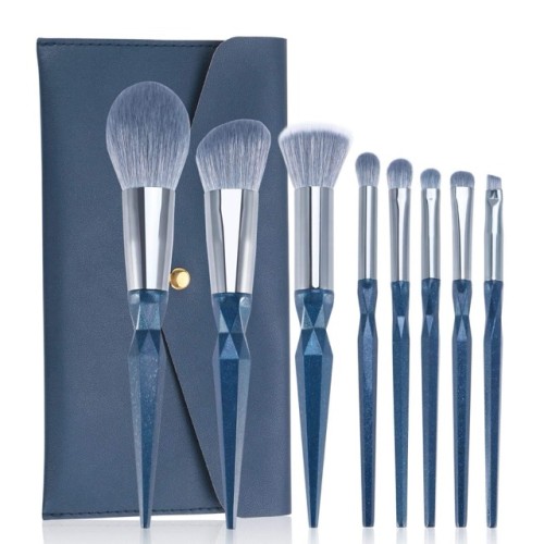 Custom Logo OEM 8Pcs Navy Blue Geometric Handle Cosmetic Brush Set with Envelope Clutch Bag Silver Ferrule Beauty Tools Manufacturer
