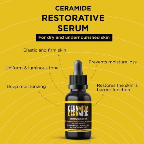 Restorative Ceramide Serum, 30ml: A vegan serum designed for dry and undernourished skin. This serum prevents moisture loss, restores the skin barrier, and provides deep moisturization. It promotes a more uniform and luminous skin tone. Skincare wholesales and private label options are available.