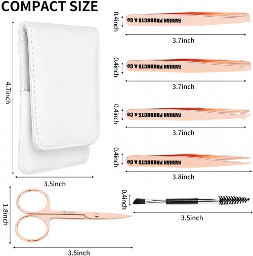 Eyebrow Tweezers Set Rose Gold Pack of 6 for Ingrown Facial Hair Removal Scissors Slant Pointed Tweezer Kit for Women's & Men's