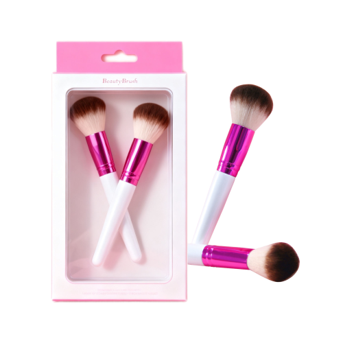 Custom Logo OEM 2Pcs White Handle Makeup Brush Set with Metallic Pink Ferrule Hanging Retail Display Box Cosmetic Tools Manufacturer