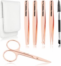 Eyebrow Tweezers Set Rose Gold Pack of 6 for Ingrown Facial Hair Removal Scissors Slant Pointed Tweezer Kit for Women's & Men's