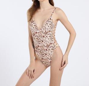 STOCK Lepoard Print V-NECK Strappy Sides Beads Lady One Piece Bathing Suit Swimwear